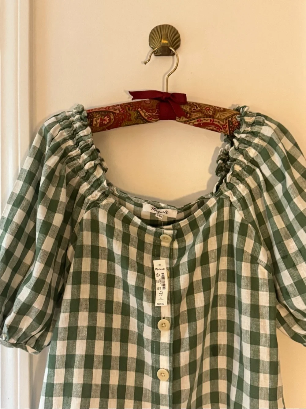 Linen-Cotton Square-Neck Button-Front Top in Gingham Check